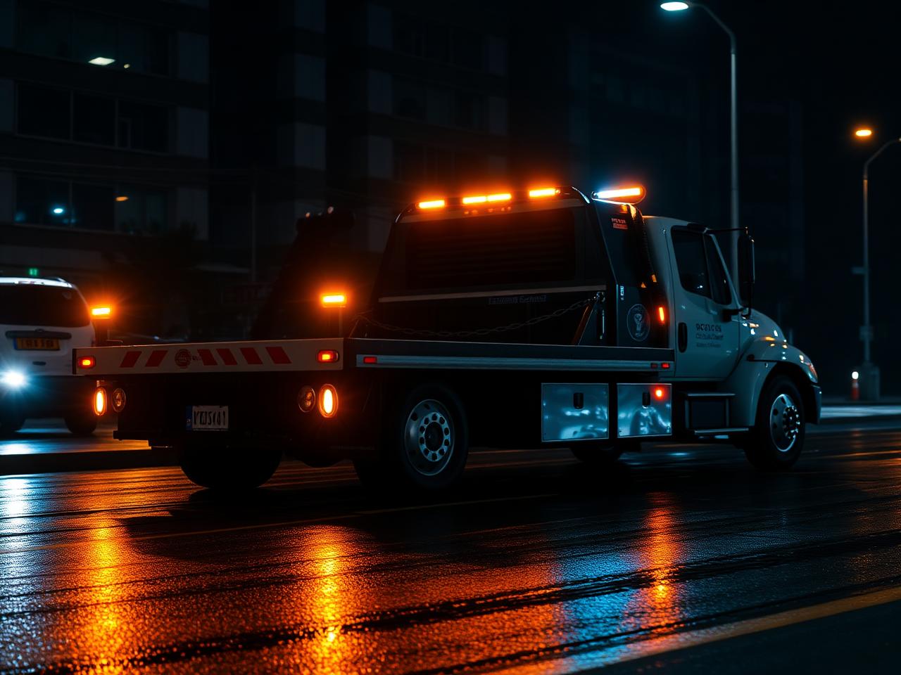 Flatbed tow truck with amber beacons on a wet night street in Malta